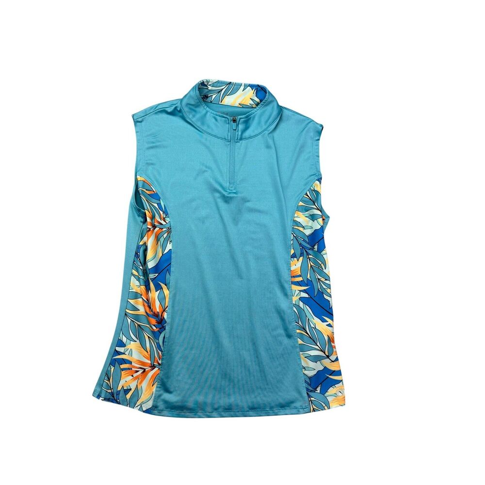 The American Outdoorsman Tank Top Women's Medium Blue Sleeveless Floral 1/4 Zip